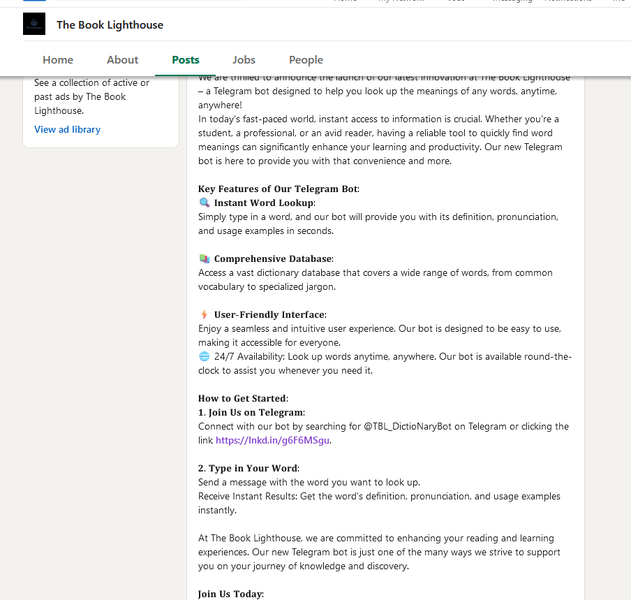Picture of the linkedin post that contains the link to the Telegram bot